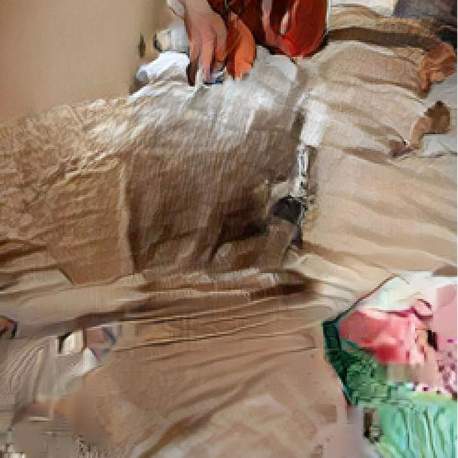 An AI Generated Artwork: A trans masculine gender-nonconforming person and a transfeminine non-binary person sleeping together in bed