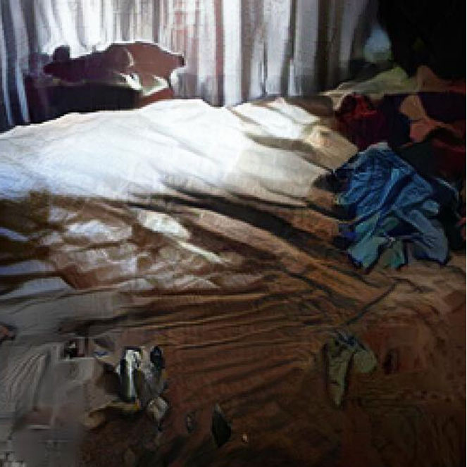 An AI generated Artwork: A man laying on top of a bed under a blanket.