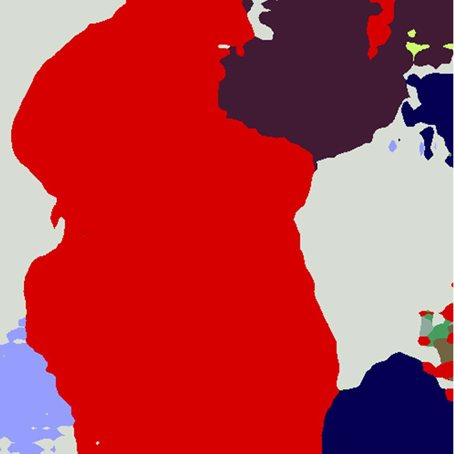 An AI segmented Artwork: A masculine looking person looking out into the sunset.