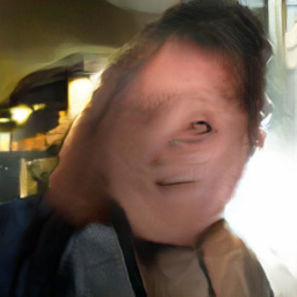 An AI generated image of the Artist. they have one eye and a mouth with a nose that melds into the rest of their face.